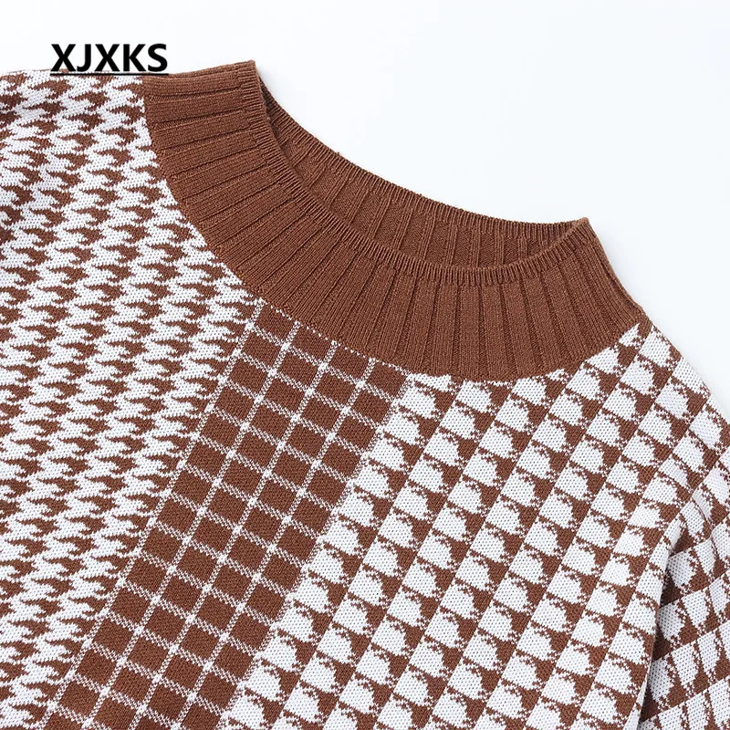 XJXKS 2019 autumn winter new high-end cashmere thick warm women's sweater pullover fashion plaid plus size knitted tops | Женская