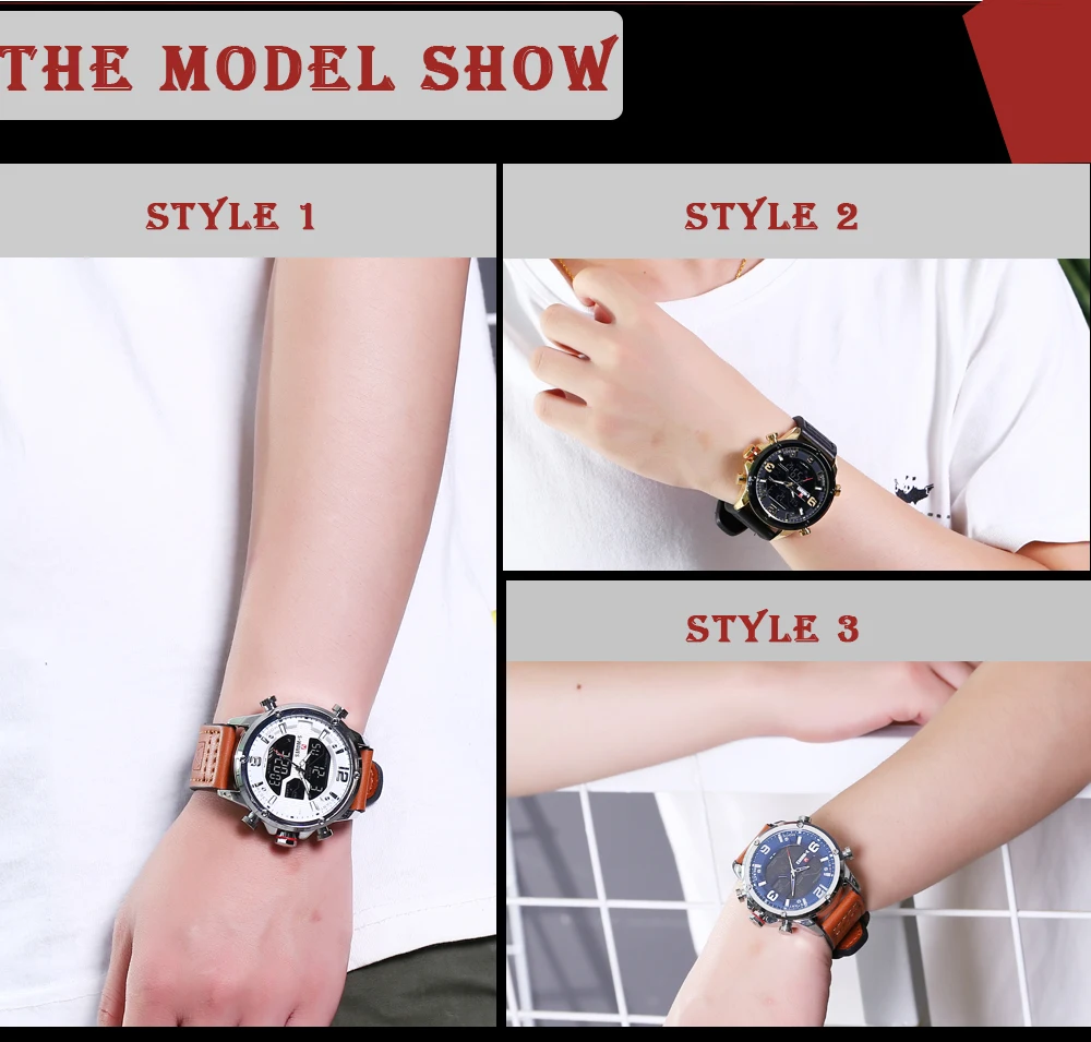 Кожаные мужские часы 2019 с двойным дисплеем повседневные кварцевые ЖК