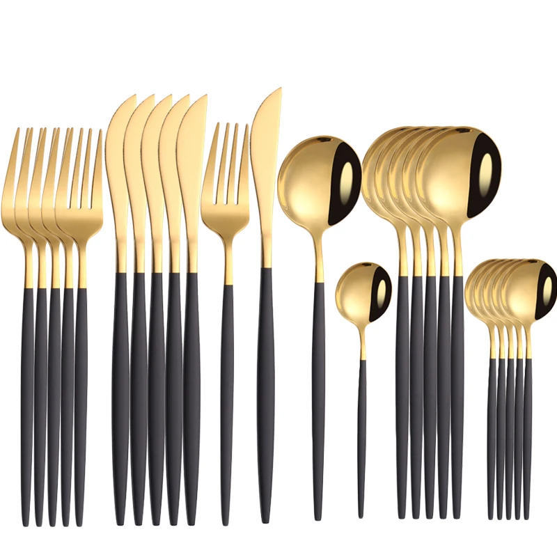 

Stainless Steel Cutlery Set New Dinnerware Set Black Handle Gold Dinner Scoop Fork Knife Teaspoon Silverware Tableware