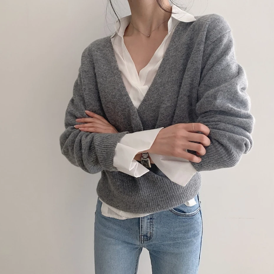Deep V-Neck Sweater Women Fashion 2020 Long Sleeve Criss-cross Knitted Tops Solid Puff Elegant Knitwear Pullovers | Женская одежда