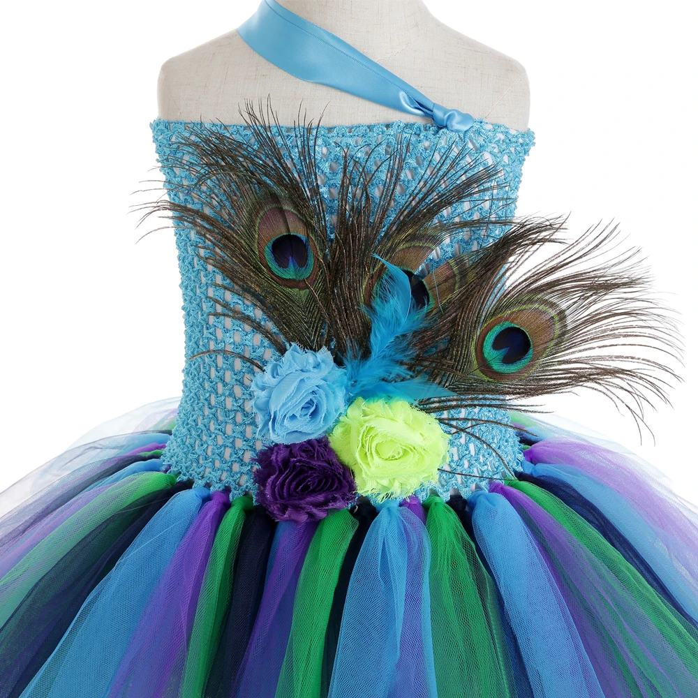 Платье-пачка принцессы с павлином для девочек Вечерние платья из тюля перьями и