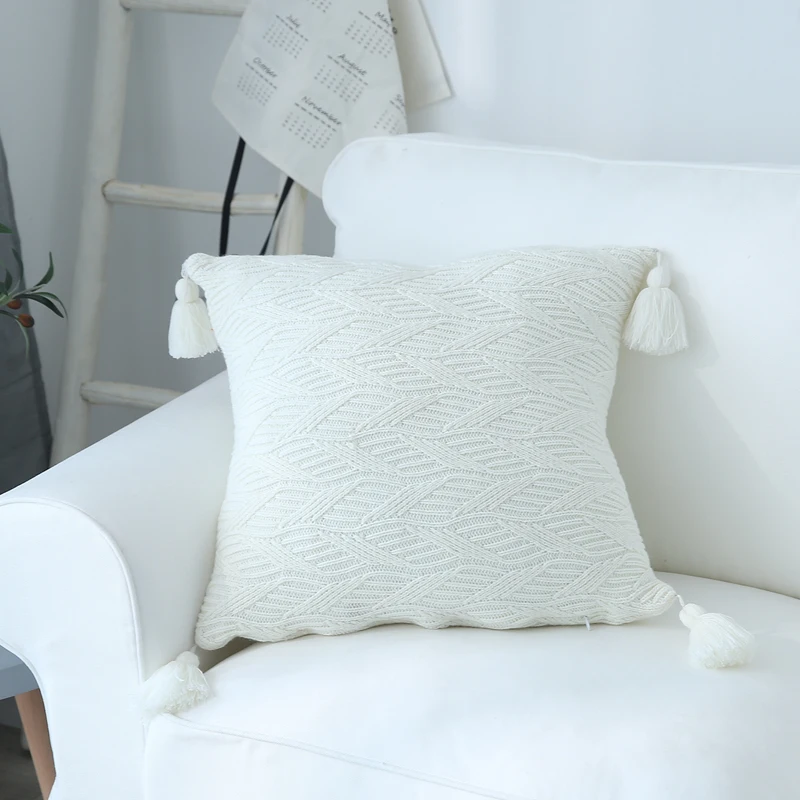 

Knit Cushion Cover Pink Green Yellow Blue Coffee Leaves Tassels 45x45cm Soft Home Decoration Pillow Cover for Living room
