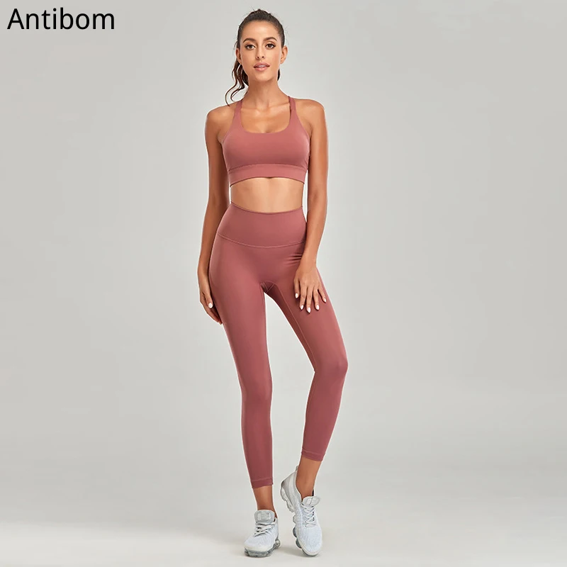 

Antibom Yoga Tracksuit Women Fitness Fitness Gym Set High Waist Legging Strap Sports Bra Solid Color Activewear Skinny Soft