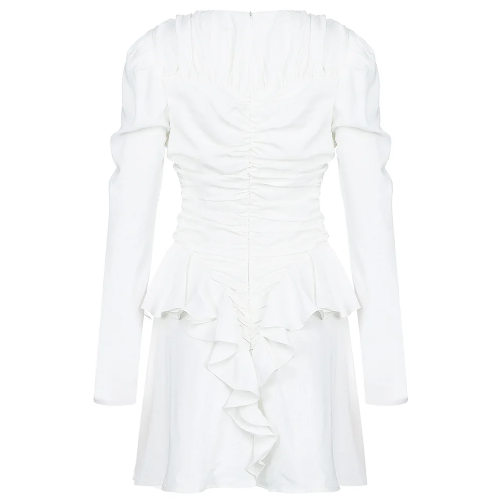 

2020 New white mini dress Women office lady pleated long sleeve shirt dress autumn winter high waist slim elegant short dress