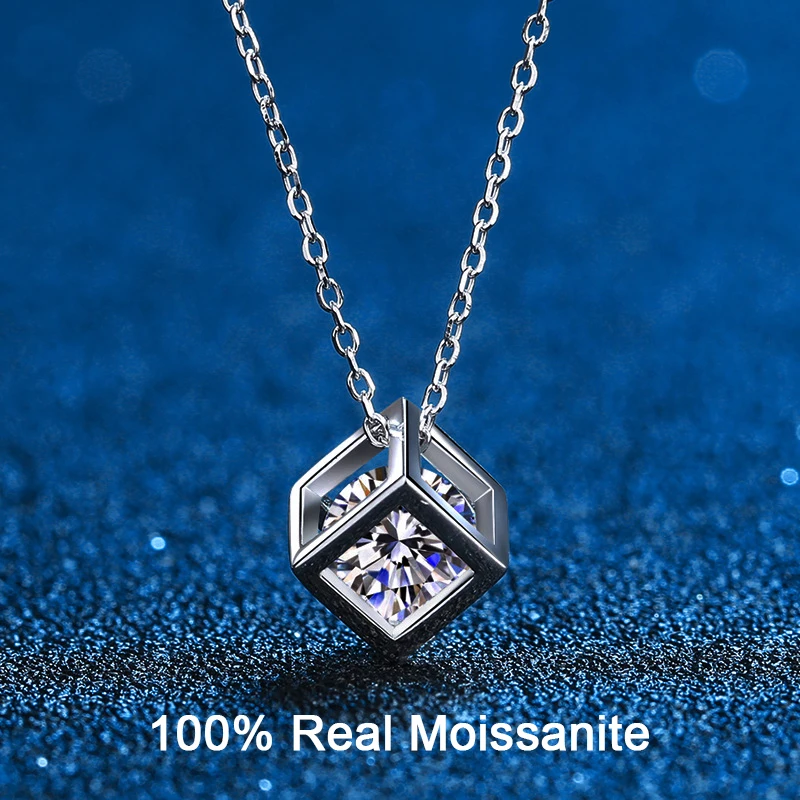 100% Created Moissanite Necklace 0.5CT 1CT D Color VVS Lab Diamond Cube Pendant Necklace For Women Sterling Silver Fine Jewelry