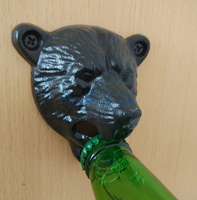 

Kitchen Bar Openers Tools Vintage Cast Iron Bear Head Shape Soda Top Beer Opener Wall Mounted Glass Bottle Cap Opener Durable