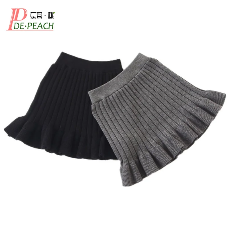 

DE PEACH Winter Baby Kids Knitted Skirt Girls Pleated Skirts Toddler Elastic Waist Slim Casual Solid Student Skirt Age 1-10Years