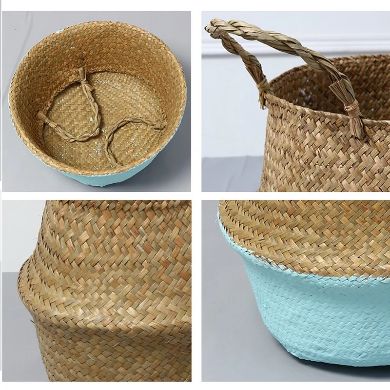 Garden Plant Flower Pot Handmade Rattan Storage Basket Foldable Seagrass Straw Hanging Woven Handle Toy Container 1Pc | Дом и сад