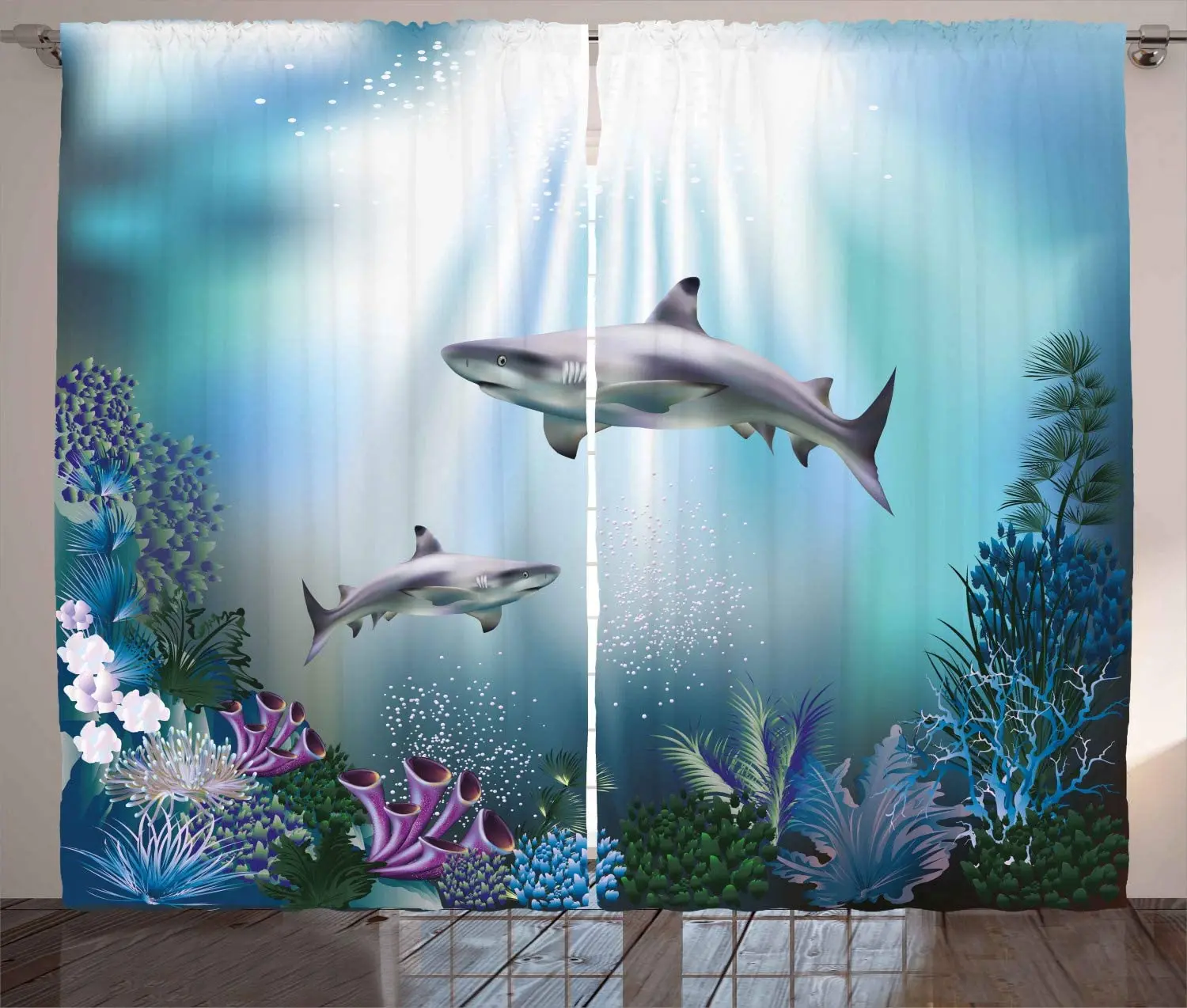 Подводные занавески реалистичные дикие акулы и растения морские водоросли