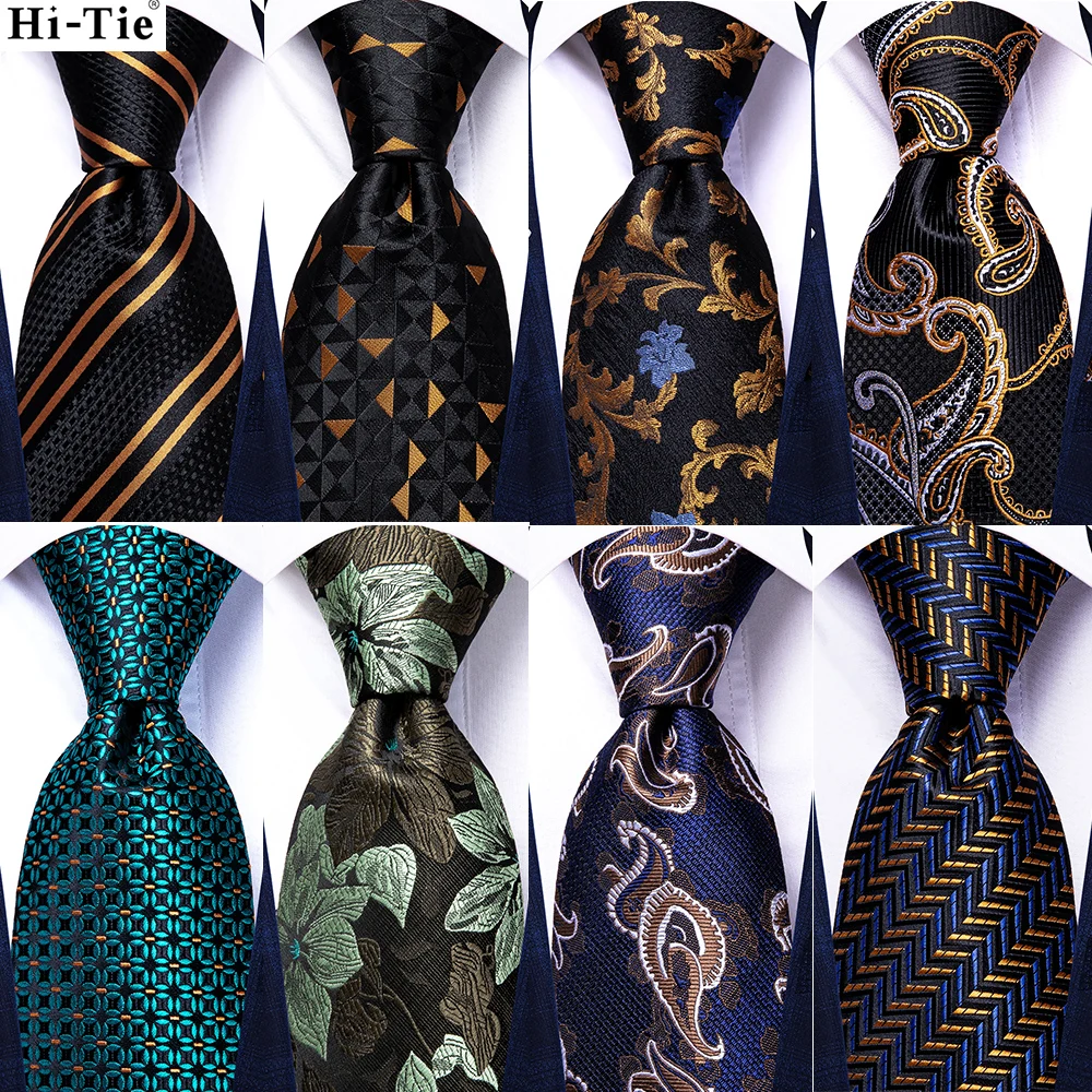 

Hi-Tie Black Gold Blue Striped Silk Wedding Tie For Men New Fashion Paisley Design Quality Hanky Cufflinks Nicktie Dropshipping