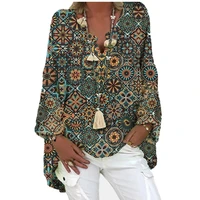 geometric printed long sleeve v neck casual blosue for women vintage shirts tops for women fashion kz091