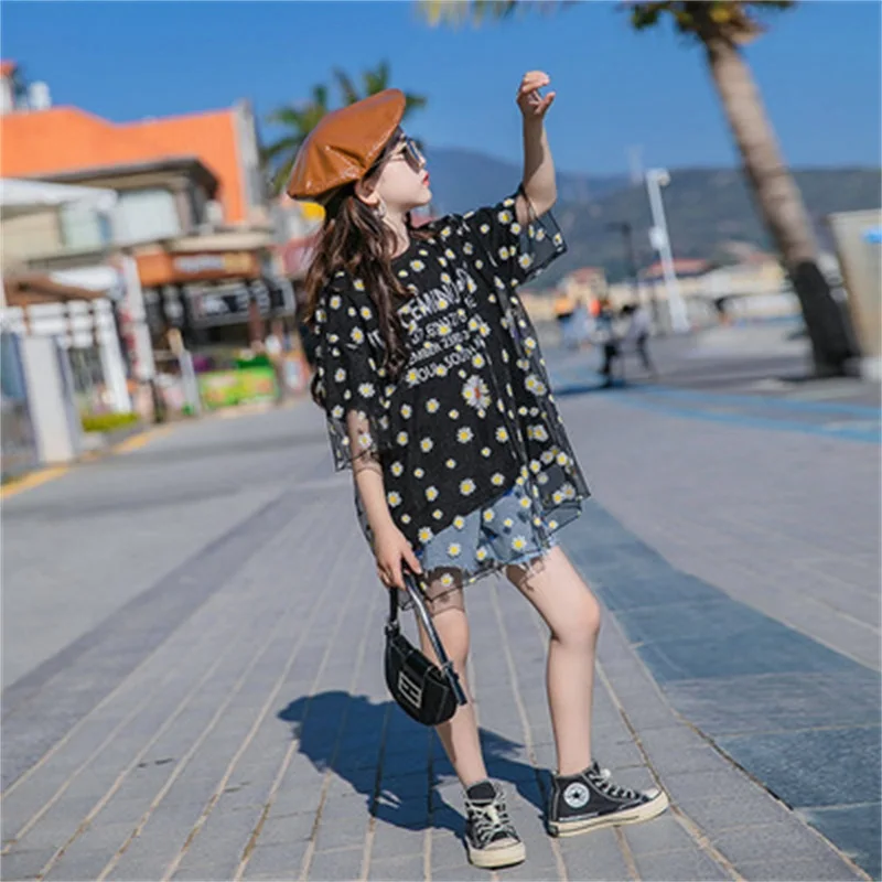 

Children's short-sleeved 2021 new summer fashion trendy tops for girls, small daisy mesh T-shirts, children's wear