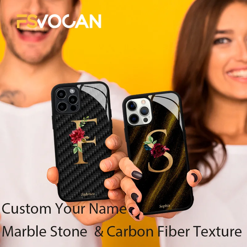 

Marble Custom Name Case For iPhone 11 12ProMax 7 8Plus X XR XS Personalized Initials Cover Capital Letters Carbon Fiber Texture