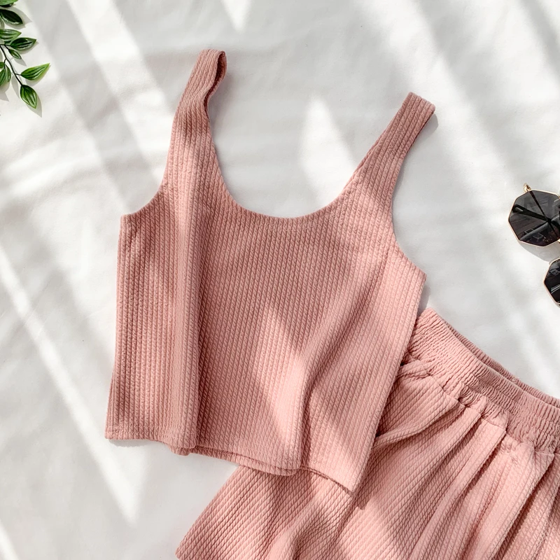 

Women Sweater Suit 2020 Summer New Vintage Knitted Crop Tops + Stretch Waist Mini Shorts Two Piece Sets