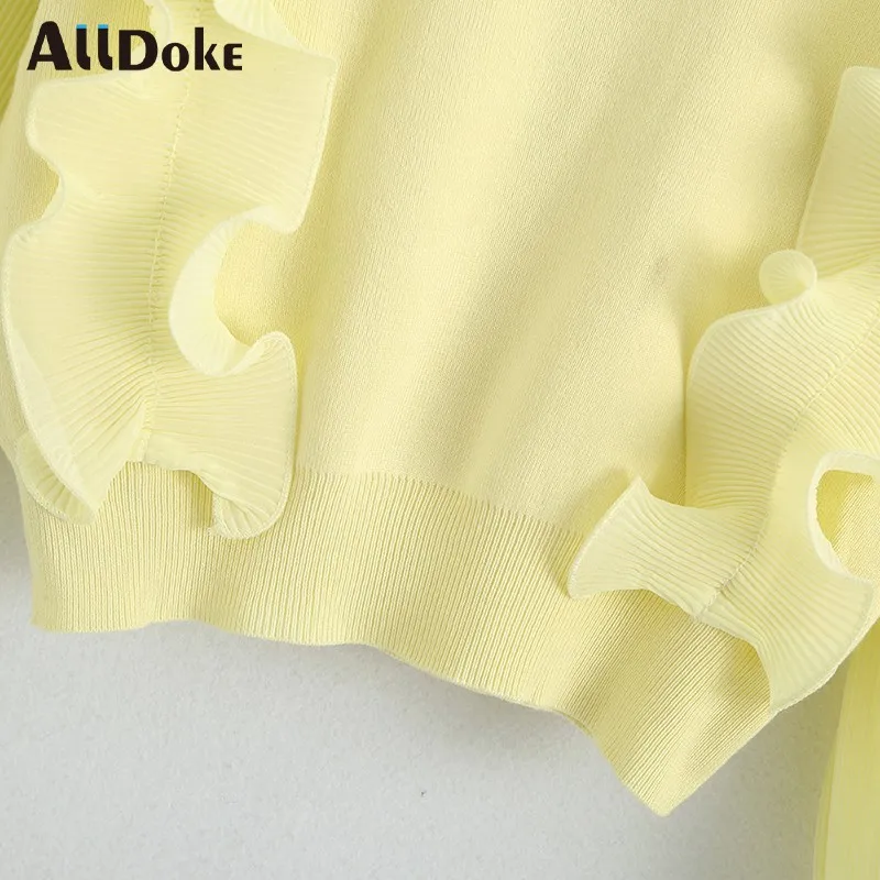

ALLDOKE women ruffle knitted pullover sweater sweet casual o neck lantern sleeve slim femme pull solid lady tops autumn 2020