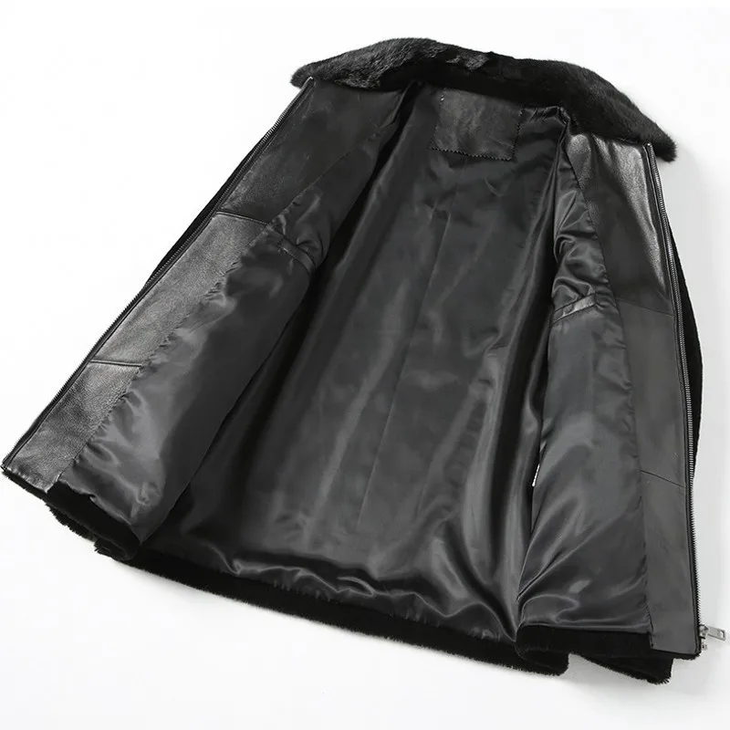 Мужская куртка из натурального меха черная теплая с отложным воротником на