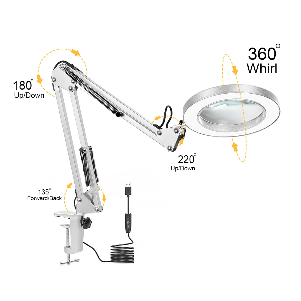 Toolour Silver 5X Magnifier Welding Magnifying Glasses LED Lamp Soldering Helping Hands Folding Handdle Loupe Tool Table Clamp |