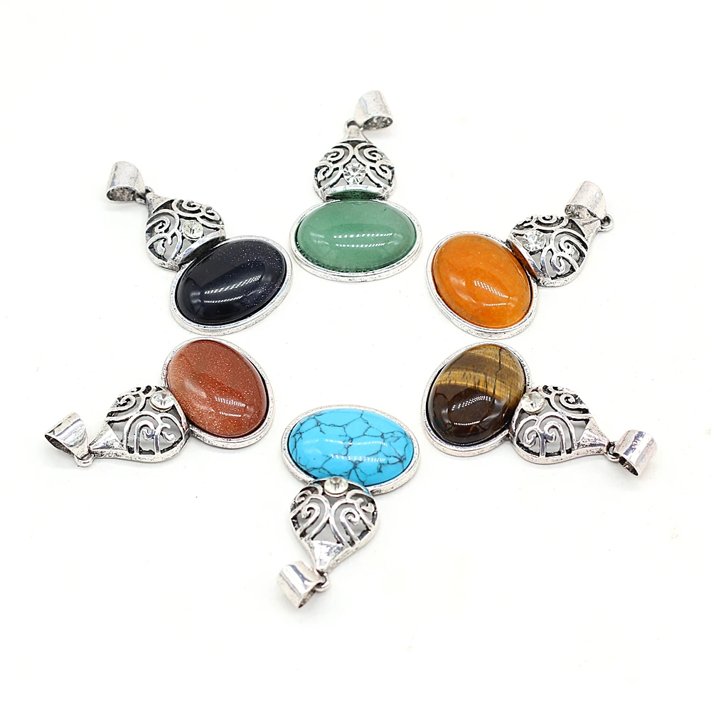 

Natural Retro Oval Alloy Pendant Crystal Agate Stone Various Kinds of Stone Handmade Exquisite PendantDIY Necklace Pendant Gift