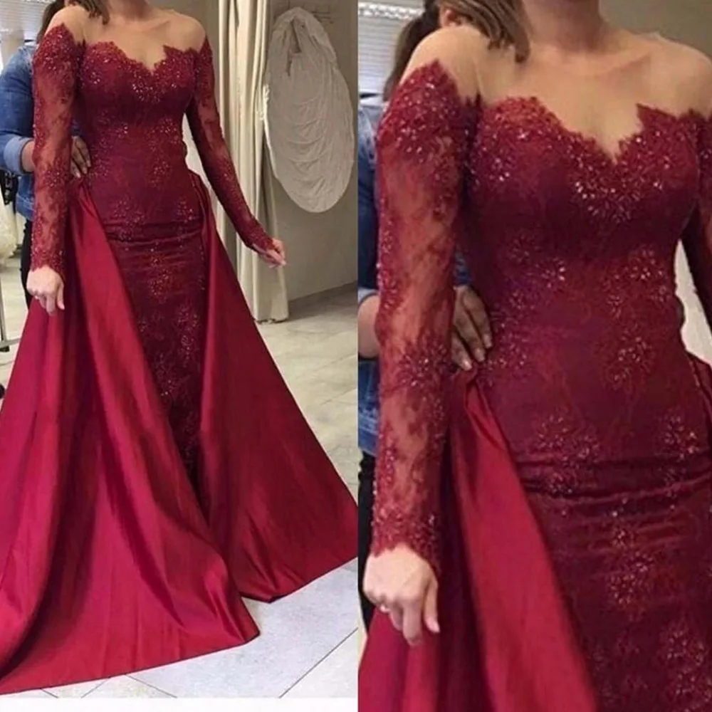 

Arabic Sheer Neck Sequins Long Sleeves Prom Dress Satin And Lace Party Gowns Burgundy Mermaid Evening Dresses With overskirt