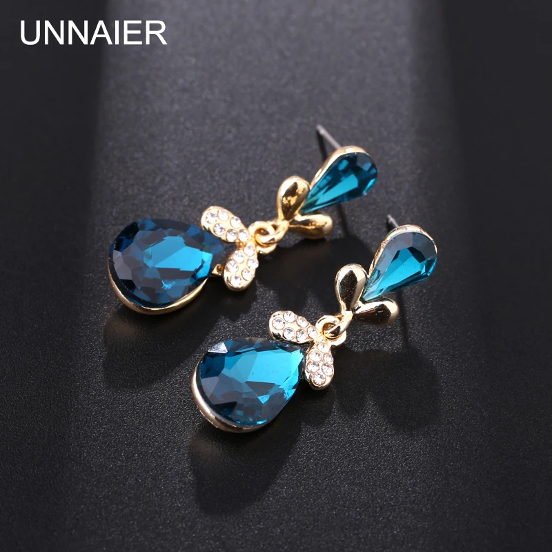 

UNNAIER fashion popular blue Semi-precious stones Teardrop-shaped earring Female Rhinestone Ear jewelry