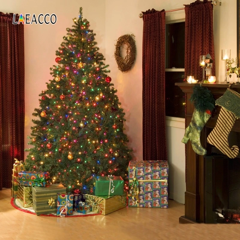 Laeacco Рождественская елка подарки оконная занавеска чулок Фотофон фотография для