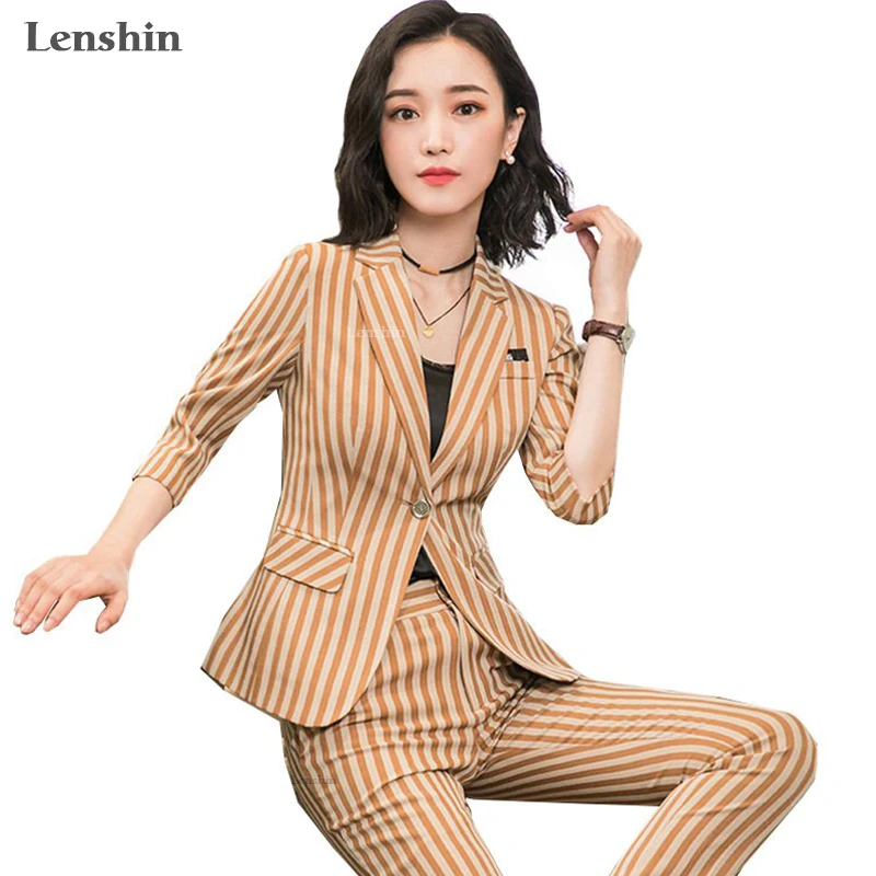 

Женский офисный костюм Lenshin, элегантный Блейзер в полоску и брюки, формальная форма, комплект из 2 предметов