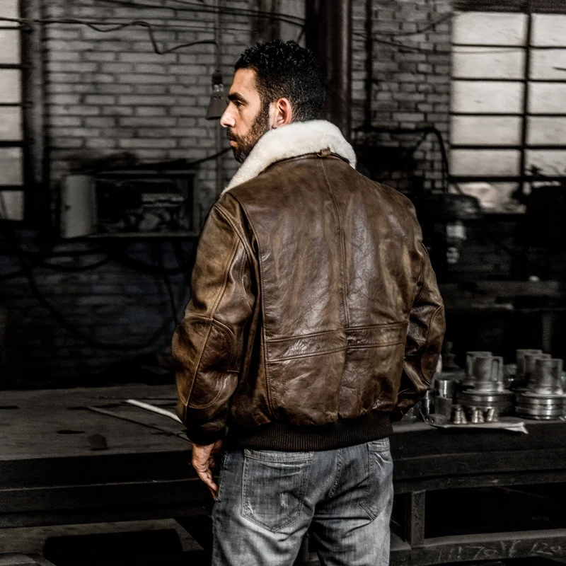 

2021 militaly Genuine Leather Men Bomber jacket real Fur Collar Cowskin Casual Air Force Flight Jacke Vintage Winter Coat