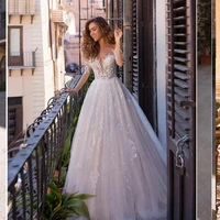 long sleeves tulle wedding dresses pricess a line lace appliques bridal robe de gowns lace up vestido de noiva back button