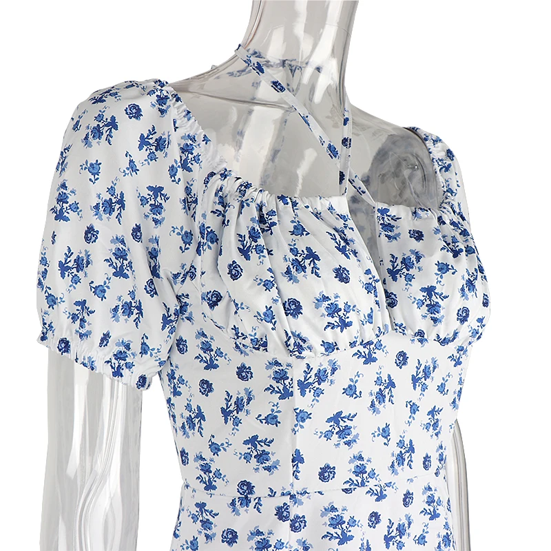 

Sexy Floral Print Dress Women High Split Party Dresses Puff Short Sleeve Elegant Lace Up Club Dress Laides Summer Maxi Dresses