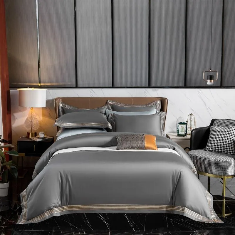 

Embroidery Hotel 600TC Egyptian Cotton Gray Bedding set 1Duvet Cover 1Bed Sheet 2Pillow shams Soft, Easy care zipper Full/Queen