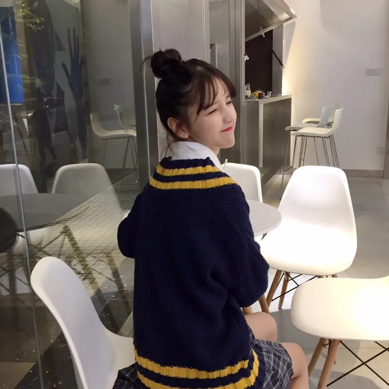 

preppy style knitted v-neck long sleeve pullovers Women's Clothing patchwork Korean style women tops new Spring autumn Sweaters