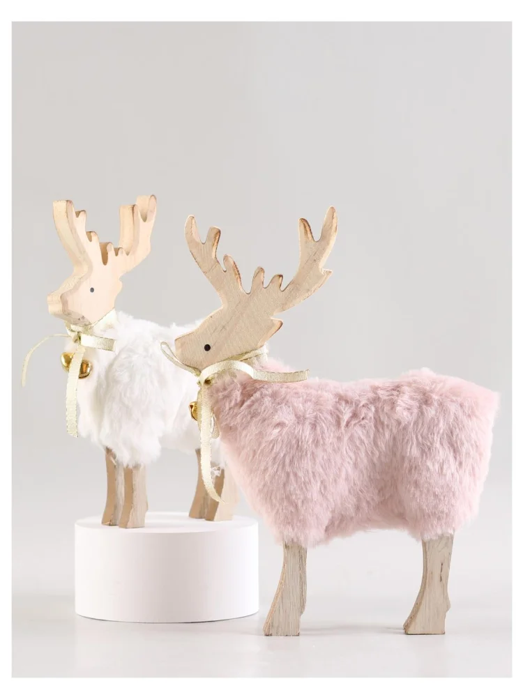 

Christmas pink white elk plush wooden home decoration reindeer cartoon Christmas deer desktop decoration