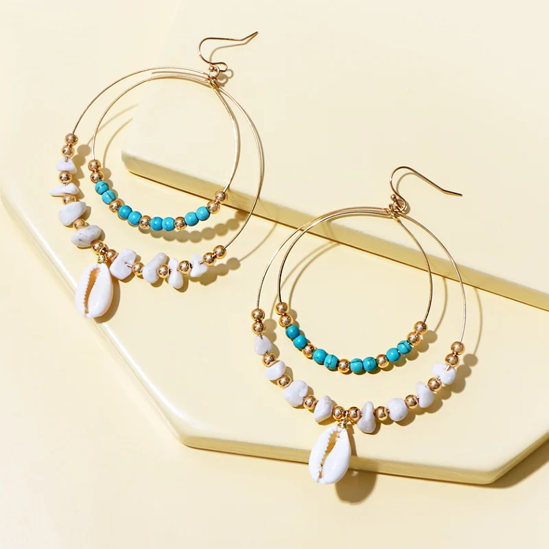 

KOMi Bohemian Natural Stone Earrings Beads Shell Rhinestone Crystal Double-layers Drop Earring for Women Jewelry Gift G0212