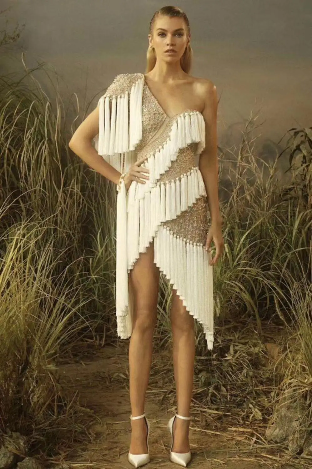 

2020 New Arrival women white Tassel One-Shoulder Bodycon Celebrity Evening Party Bandage Dress wholesale