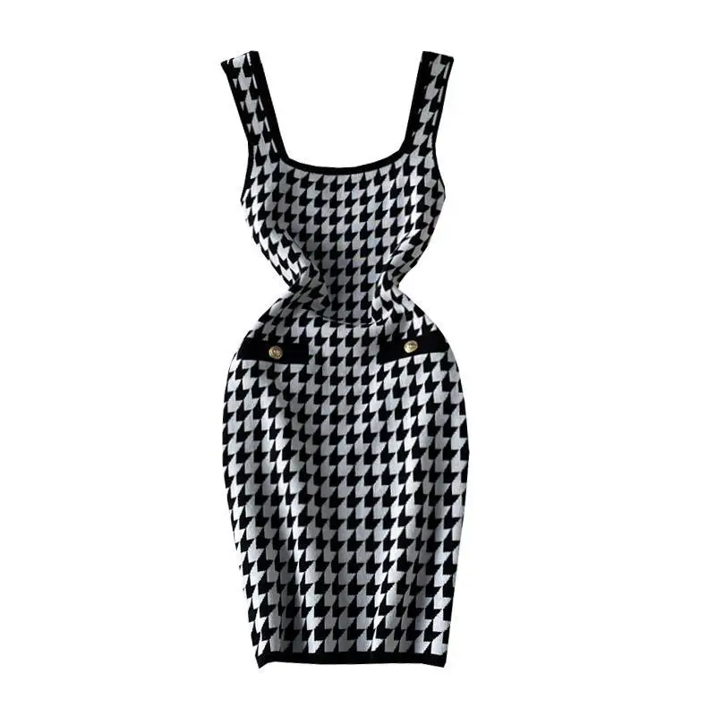 

Guilantu 2021 Summer Knitting Vintage Office Dress Women Sleeveless Spaghetti Strap Backless Mini Pencil Dress Sexy Club Dresses