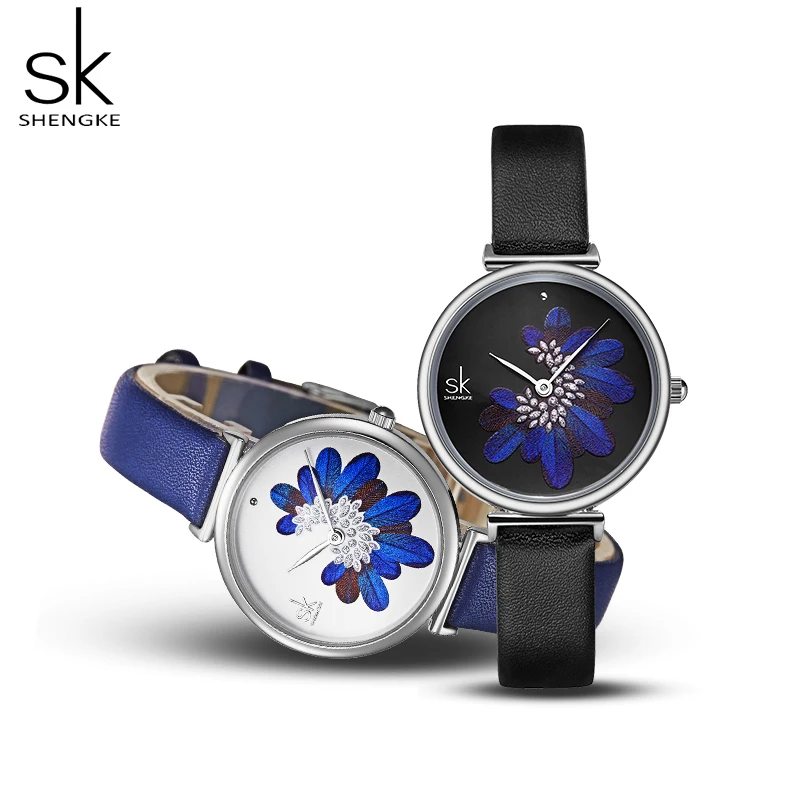 Shengke Fashion Blue Feather Women Watches Top Brand Luxury Leather Strap Wristwatch Elegant Clock Quartz Ladies Watch | Наручные часы