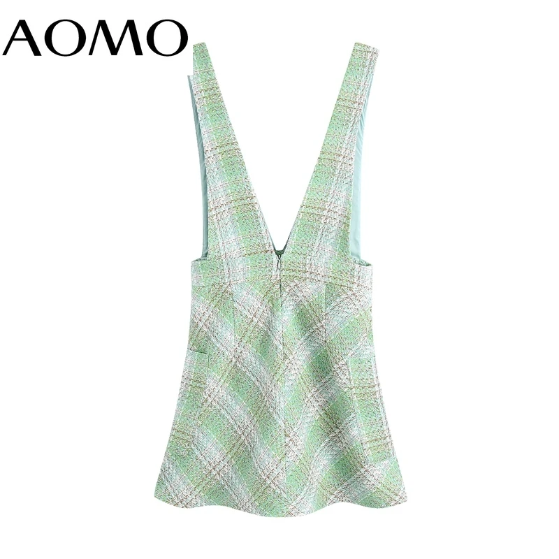 

AOMO Fashion Green Tweed Strap Dresses for Women 2021 Back Zipper Female Casual Short Dress BE929A