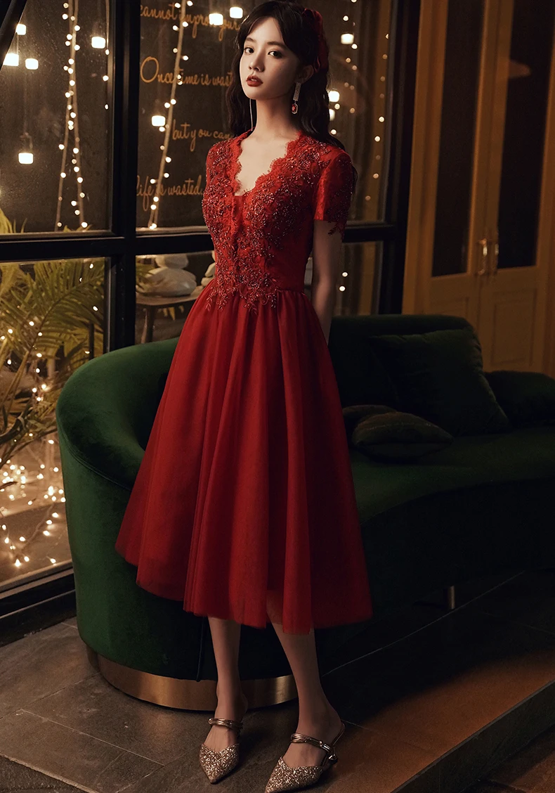 AnXin SH flower wine red lace v neck short sleeve evening dress vintage princess beading sparkly bride party | Свадьбы и торжества