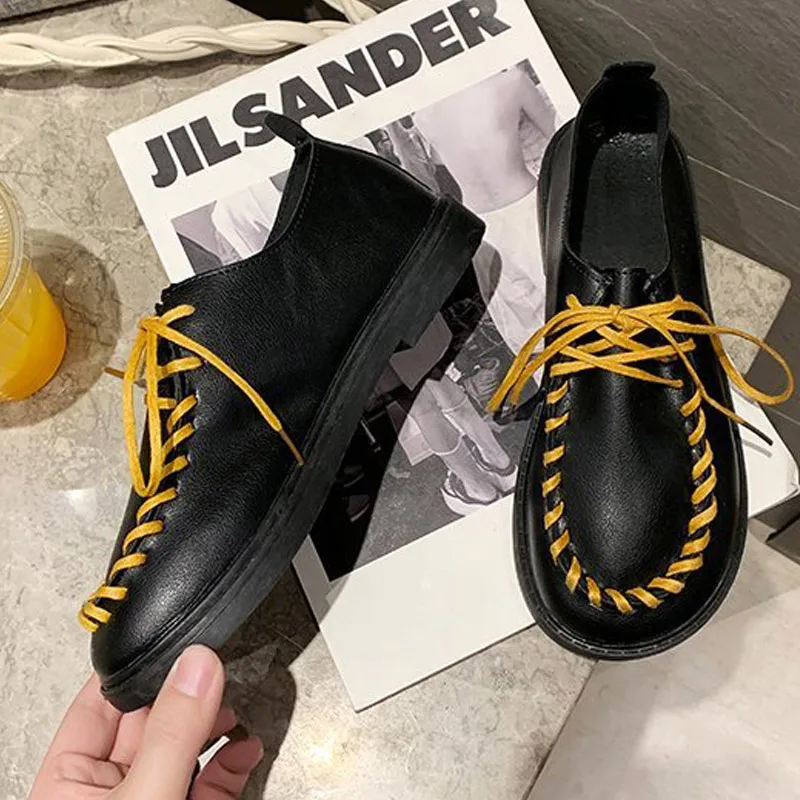

Women Ankle Leather Oxfords Lace On Low Square Heels Round Toe Flat Ladies Waterproof High Quality Fashion Elegant Casual Shoes