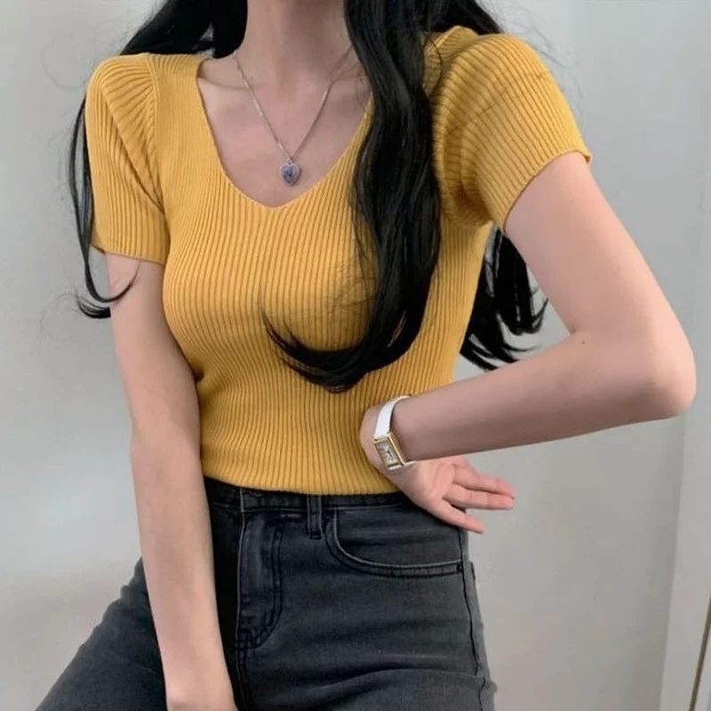 

ZAWAHIKI Korean Elegant All-match Knitted T-Shirt Women Summer V Neck Short Sleeve Slim Bodycon Solid Thin Tops Short Ropa Mujer