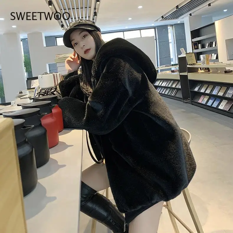 Fashion Plush coat women's winter imitation Rex Rabbit Fur grass loose medium length 2021 new hooded thickened coat
