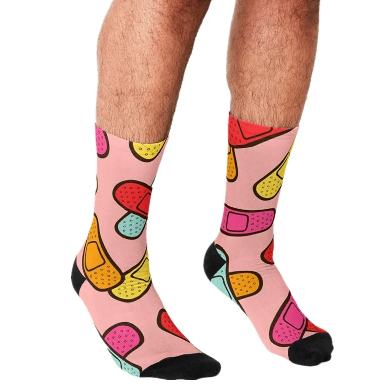 

2021 Funny Men's socks Rainbow Band-Aids Pattern Printed hip hop Men Happy Socks cute boys street style Crazy Socks for men