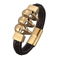 brown leather skull bracelet men charm gold stainless steel magnetic buckle punk rock bangles party jewelry accessories pd0830