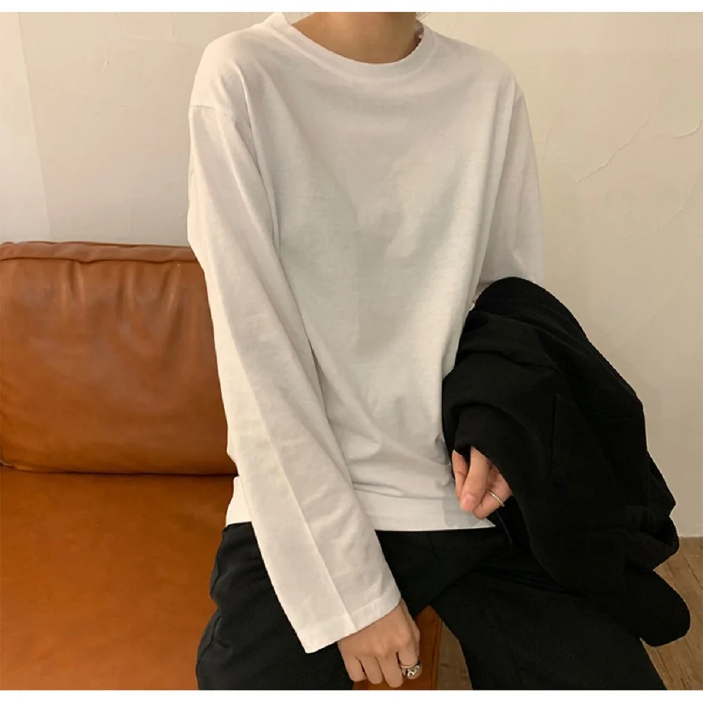 ONCE Tees Простые повседневные женские топы белого цвета с длинным рукавом и круглым