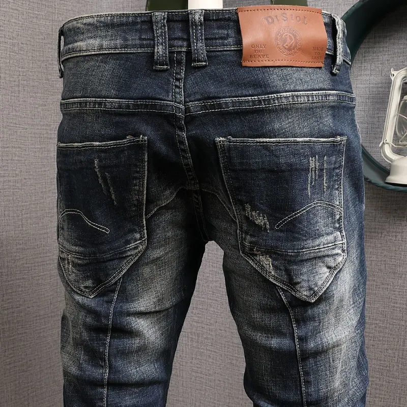 European American Vintage Fashion Men Jeans Retro Blue Slim Fit Ripped Jeans Men Streetwear Spliced Designer Denim Punk Pants