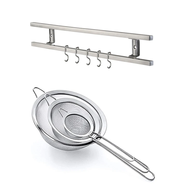 

1set 304 Stainless Steel Magnetic Knife Holder & Set of 3, Stainless Steel Wide-Edge Twill Oil Grid Colander