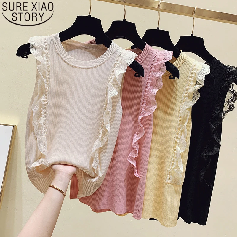 

Женский кружевной пуловер без рукавов, тонкая майка из вискозы с оборками и круглым вырезом, лето 14207