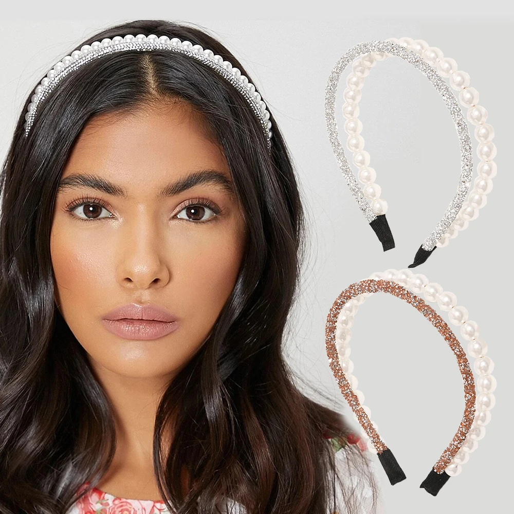 

Ободок стразы для волос с жемчугом для девушек, роскошный обруч с двойной короной и бриллиантами, аксессуары для женщин, украшения для волос...