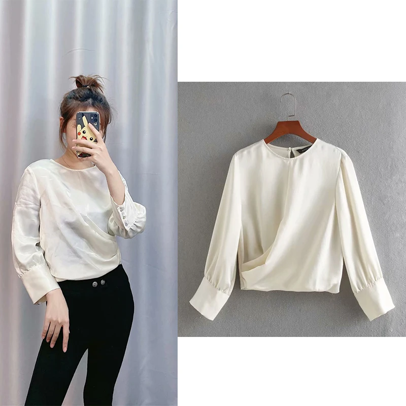 

Модная женская однотонная атласная рубашка KONDALA za с круглым вырезом и боковой молнией, офисные женские весенние плиссированные блузки, шика...