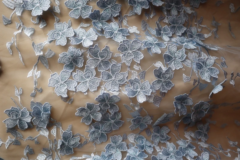 Светло голубая кружевная ткань с 3D цветами вышивкой для невесты свадьбы высокой